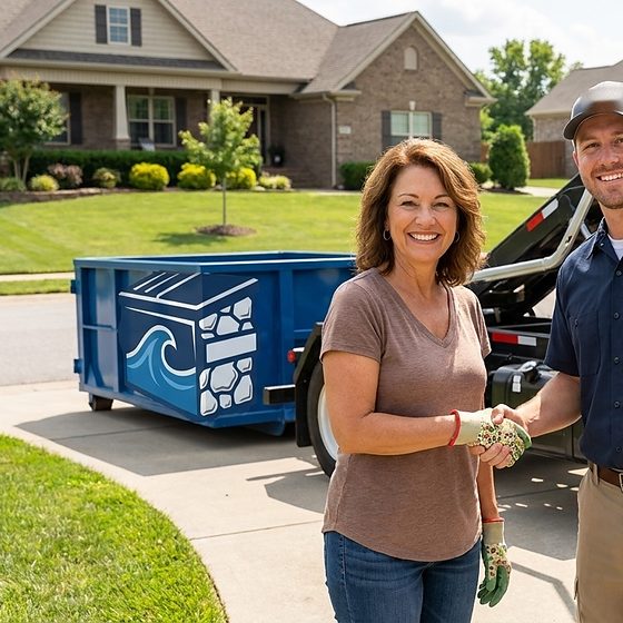 Stones River Dumpsters driver shaking hands with a homeowner beside a roll-off dumpster on a Murfreesboro driveway