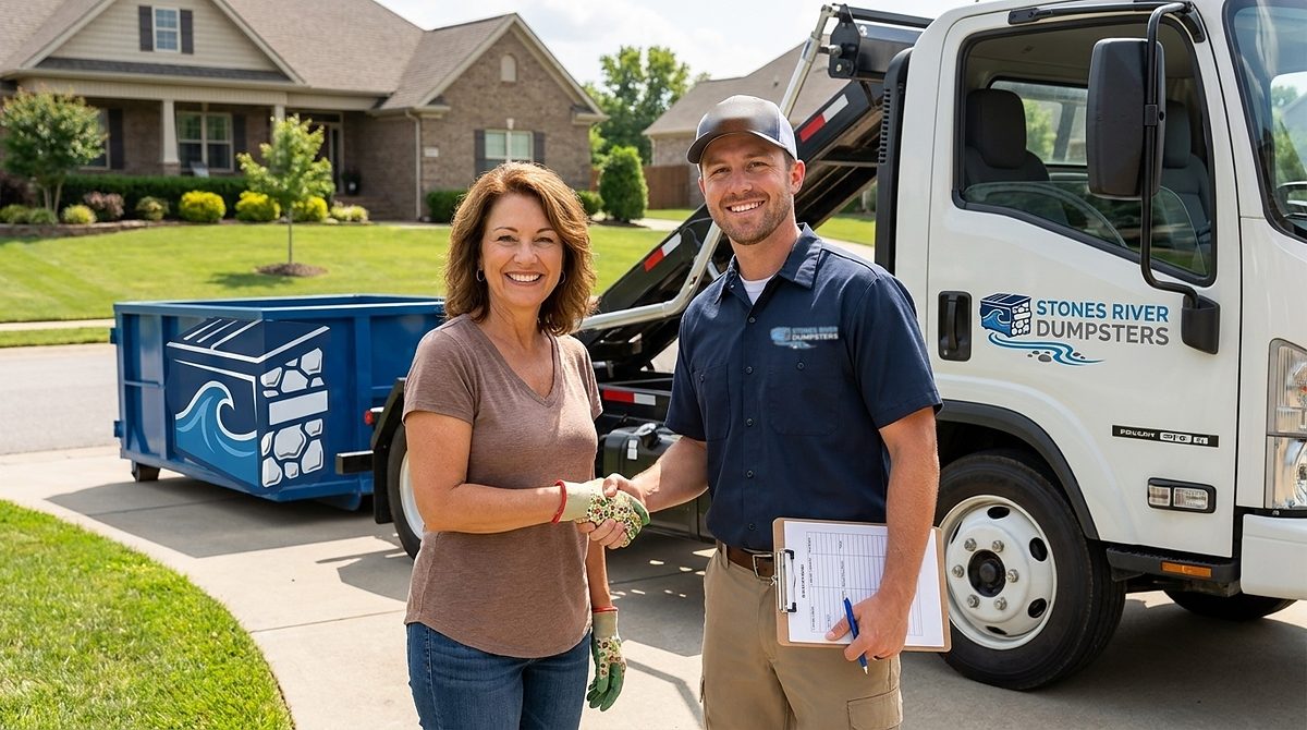 Stones River Dumpsters roll-off container delivered to a driveway in the Smyrna area