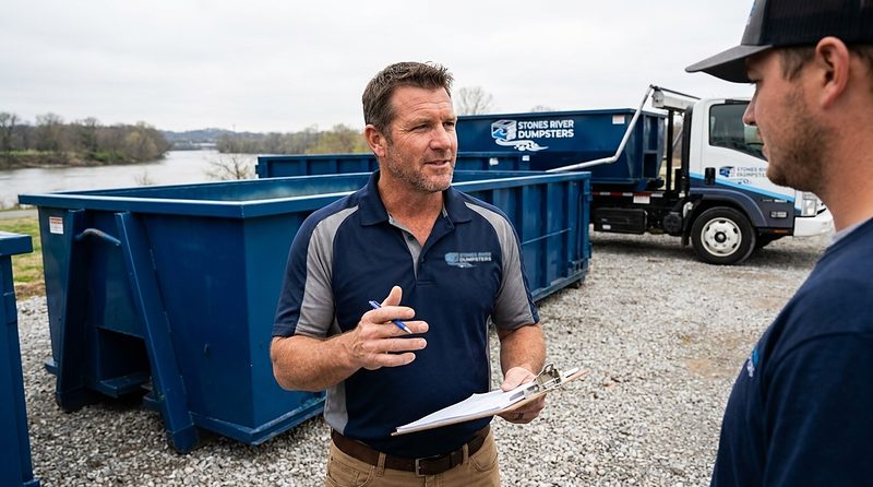Peter of Stones River Dumpsters with a roll-off container and truck at the Park Avenue yard