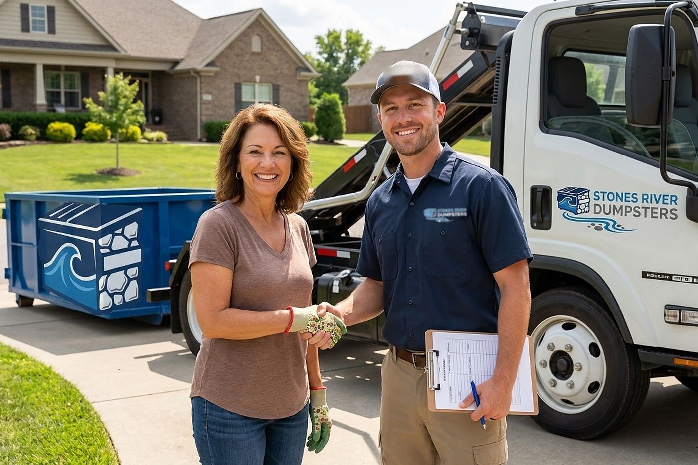 Stones River Dumpsters driver shaking hands with a homeowner beside a roll-off dumpster on a Murfreesboro driveway