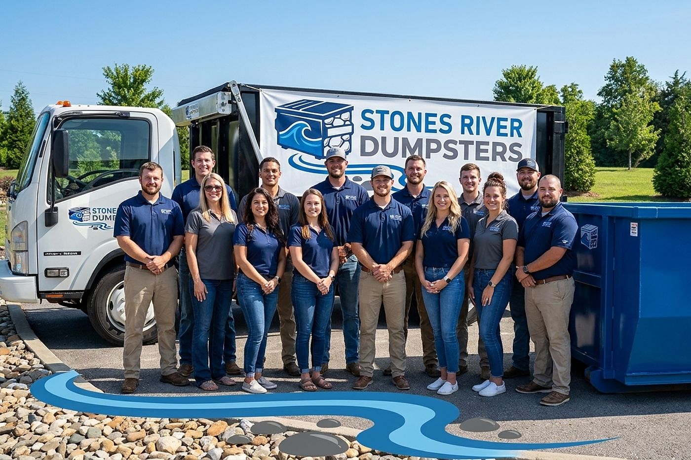 Stones River Dumpsters roll-off container being delivered to a driveway