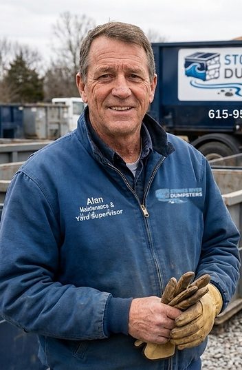 Alan, Stones River Dumpsters yard supervisor, with a container and delivery truck